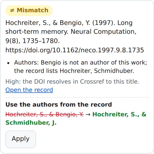 A mismatch: the reference names Bengio as co-author; the record lists Hochreiter and Schmidhuber, with a button to use the record's authors.