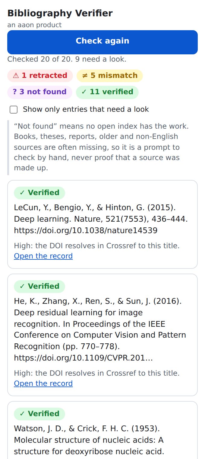 The sidebar after checking a 20-entry reference list: 1 retracted, 5 mismatch, 3 not found, 11 verified.