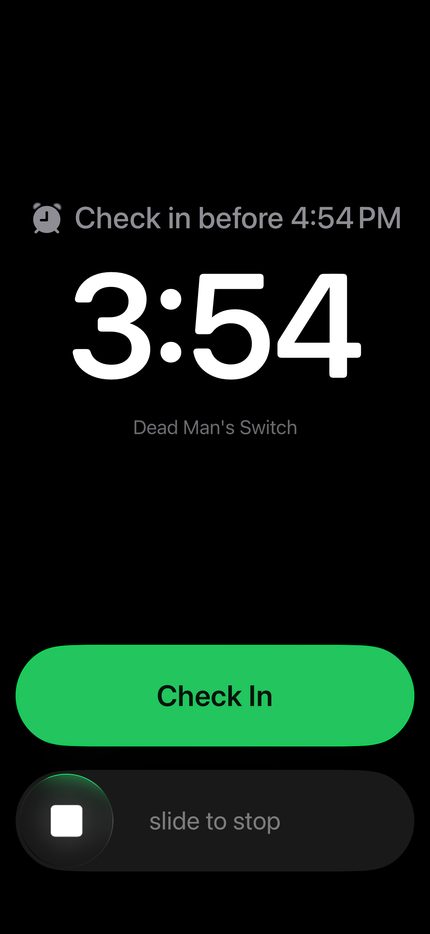 An alarm screen: Check in before 4:54 PM, a large Check In button and slide to stop