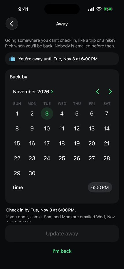 Away: a calendar with Tuesday, November 3 picked and You're away until Tue, Nov 3 at 6:00 PM