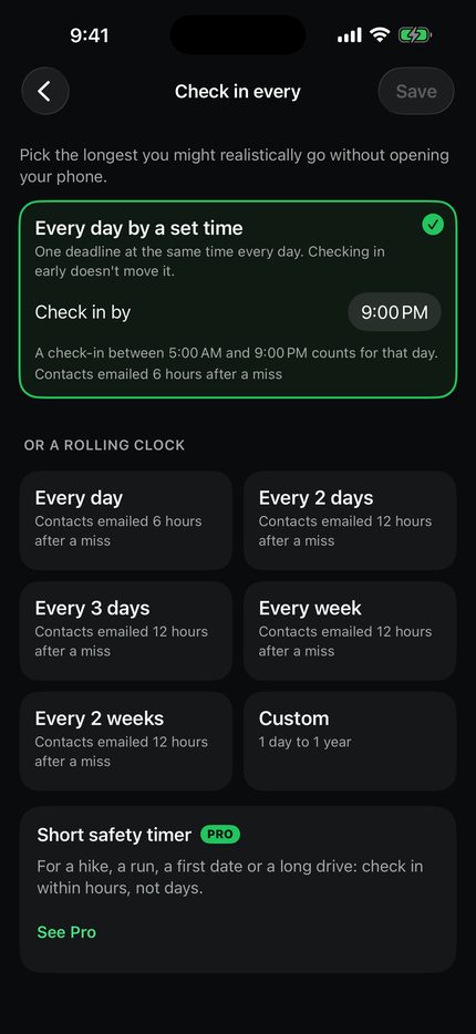 Check in every: every day by 9:00 PM is chosen, contacts emailed 6 hours after a miss; below it rolling clocks from every day to custom, and a Short safety timer card marked Pro