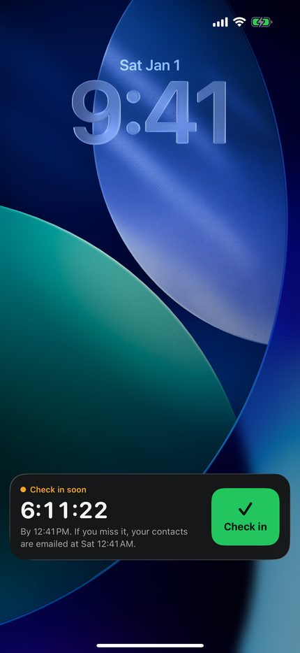 The Lock Screen: Check in soon, 6:11:22 left, contacts emailed at Sat 12:41 AM if you miss it, and a Check in button