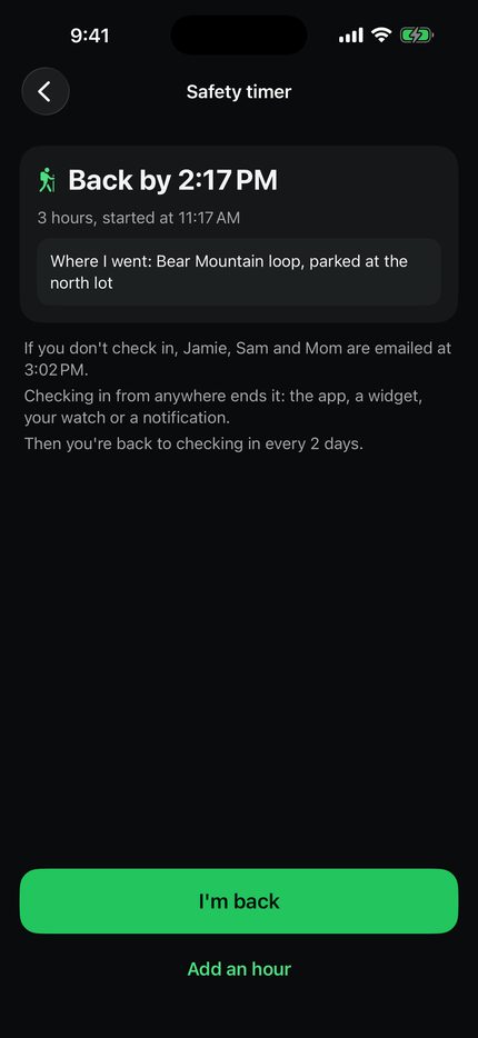 Safety timer: back by 2:17 PM, 3 hours, a note saying Bear Mountain loop, parked at the north lot, and I'm back and Add an hour buttons