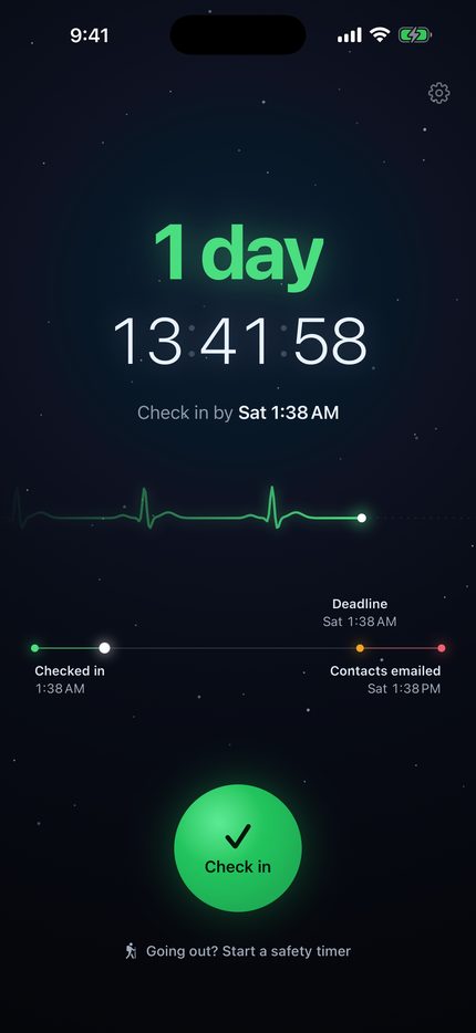 Home: 1 day, 13:41:58 left, check in by Sat 1:38 AM, a timeline showing when contacts are emailed, and a round Check in button