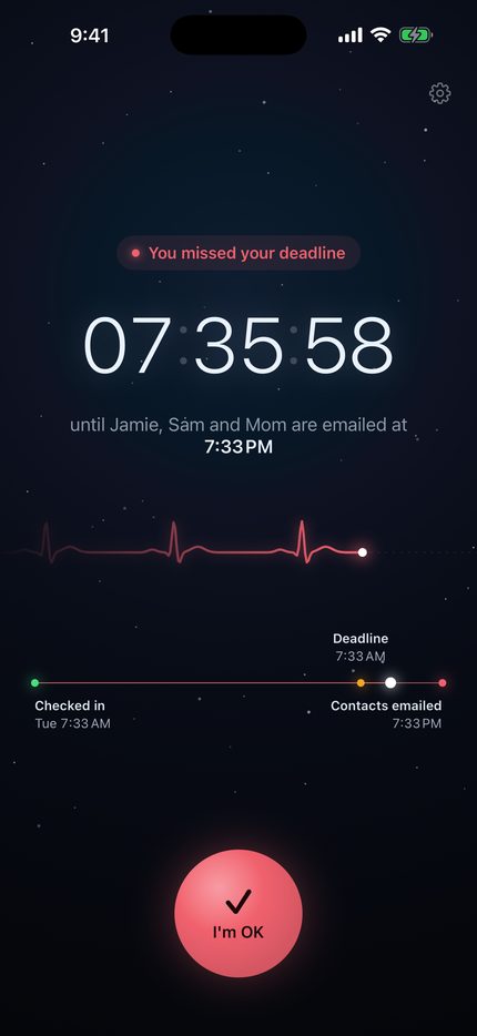 You missed your deadline: 07:35:58 until Jamie, Sam and Mom are emailed at 7:33 PM, with a red I'm OK button