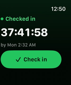 The Apple Watch app: Checked in, 37:41:58 left, by Mon 2:32 AM, and a Check in button