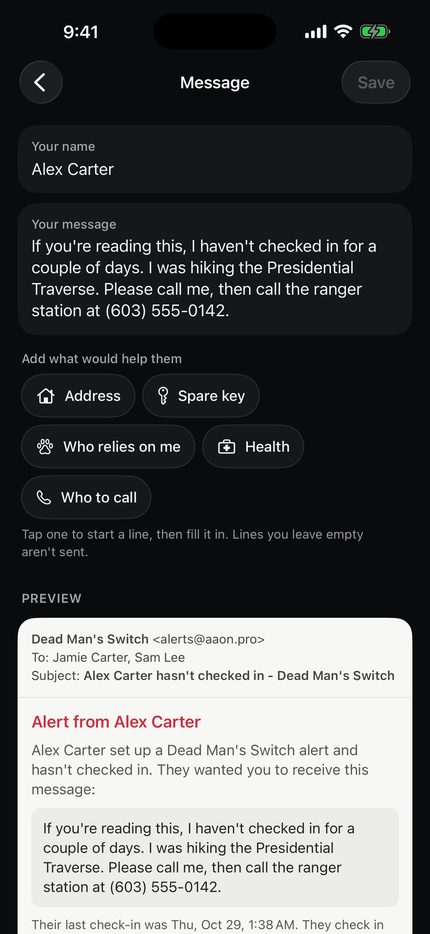 The message screen: a name, a message about a hike, buttons to add an address, spare key, health notes or who to call, and a preview of the exact alert email